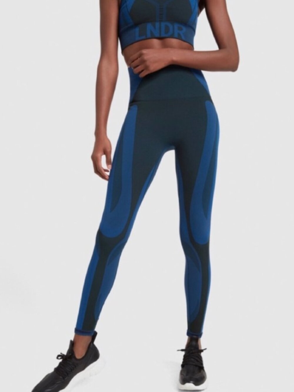 LNDR All Seasons Blue Petrol and Black High Waisted Compression Leggings Sz S/M
